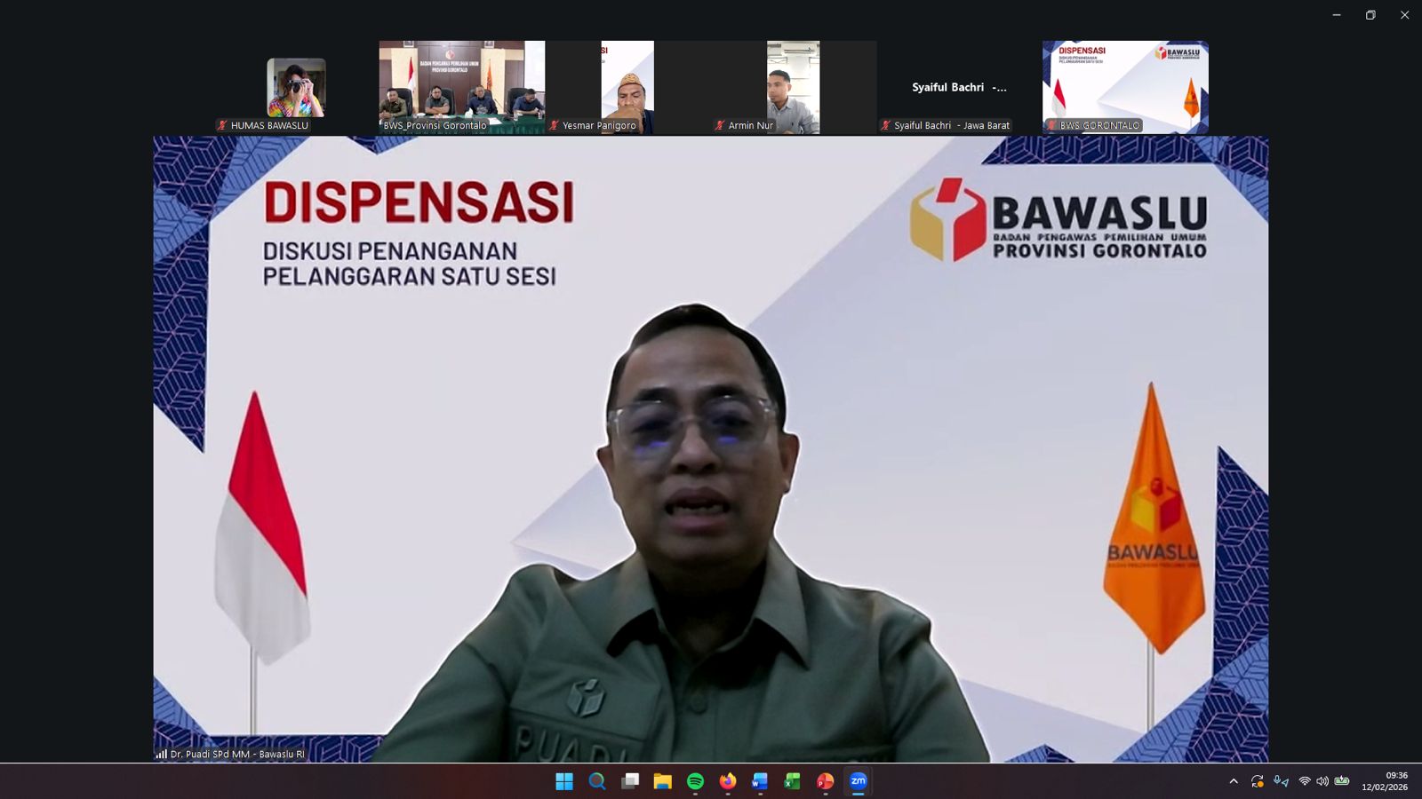 Anggota Bawaslu Puadi saat membuka sekaligus memberikan materi dalam kegiatan Diskusi Penanganan Pelanggaran Satu Sesi (Dispensasi) yang digelar oleh Bawaslu Provinsi Gorontalo secara daring, di Jakarta Rabu (12/2/2026).