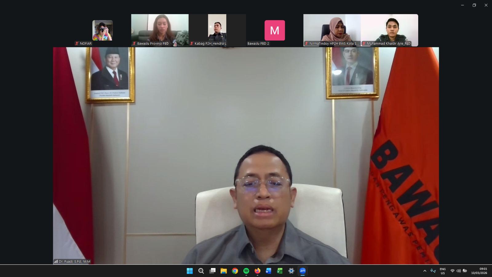 Anggota Bawaslu Puadi dalam Minggar (mingguan penanganan pelanggaran) yang digelar Bawaslu NTT melalui Zoom Meeting, Selasa (10/3/2026).