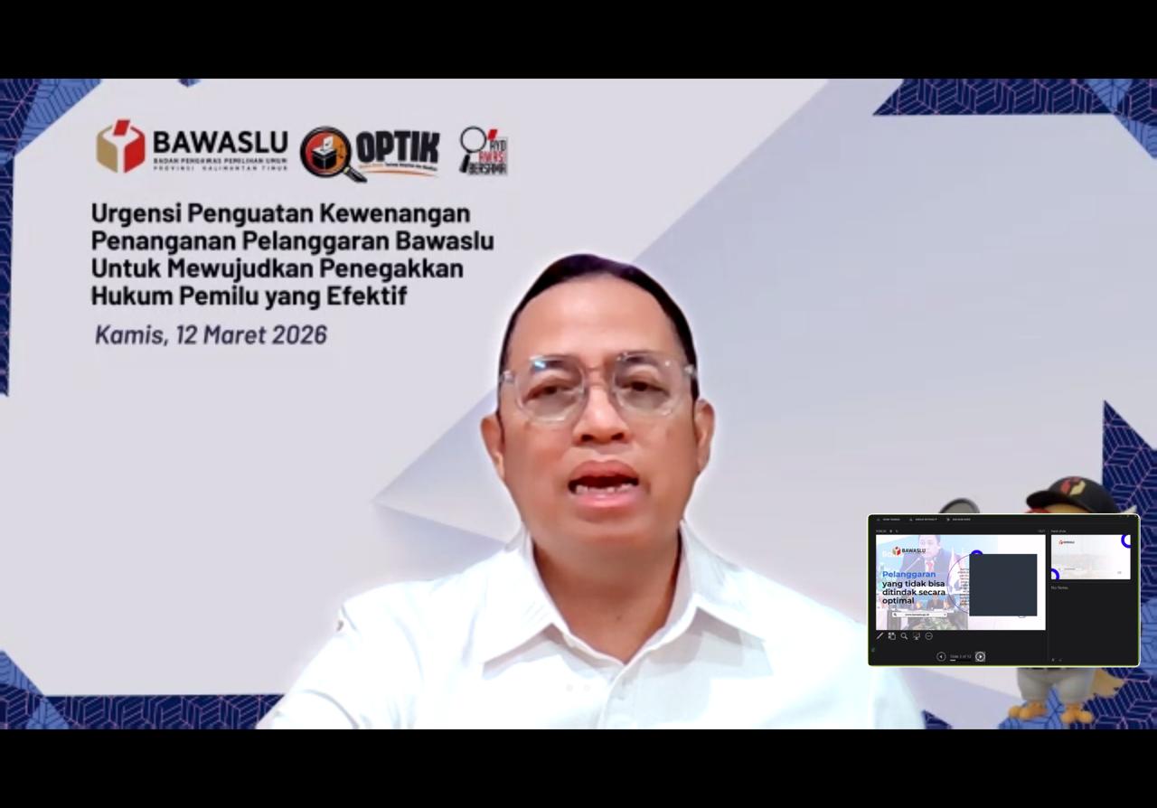 Anggota Bawaslu Puadi saat memberi arahan di kegiatan OPTIK: Obrolan Pemilu tentang Integritas dan Keadilan yang diselenggarakan oleh Bawaslu Provinsi Kalimantan Timur melalui Zoom Meeting di Jakarta, Kamis (12/3/2026).