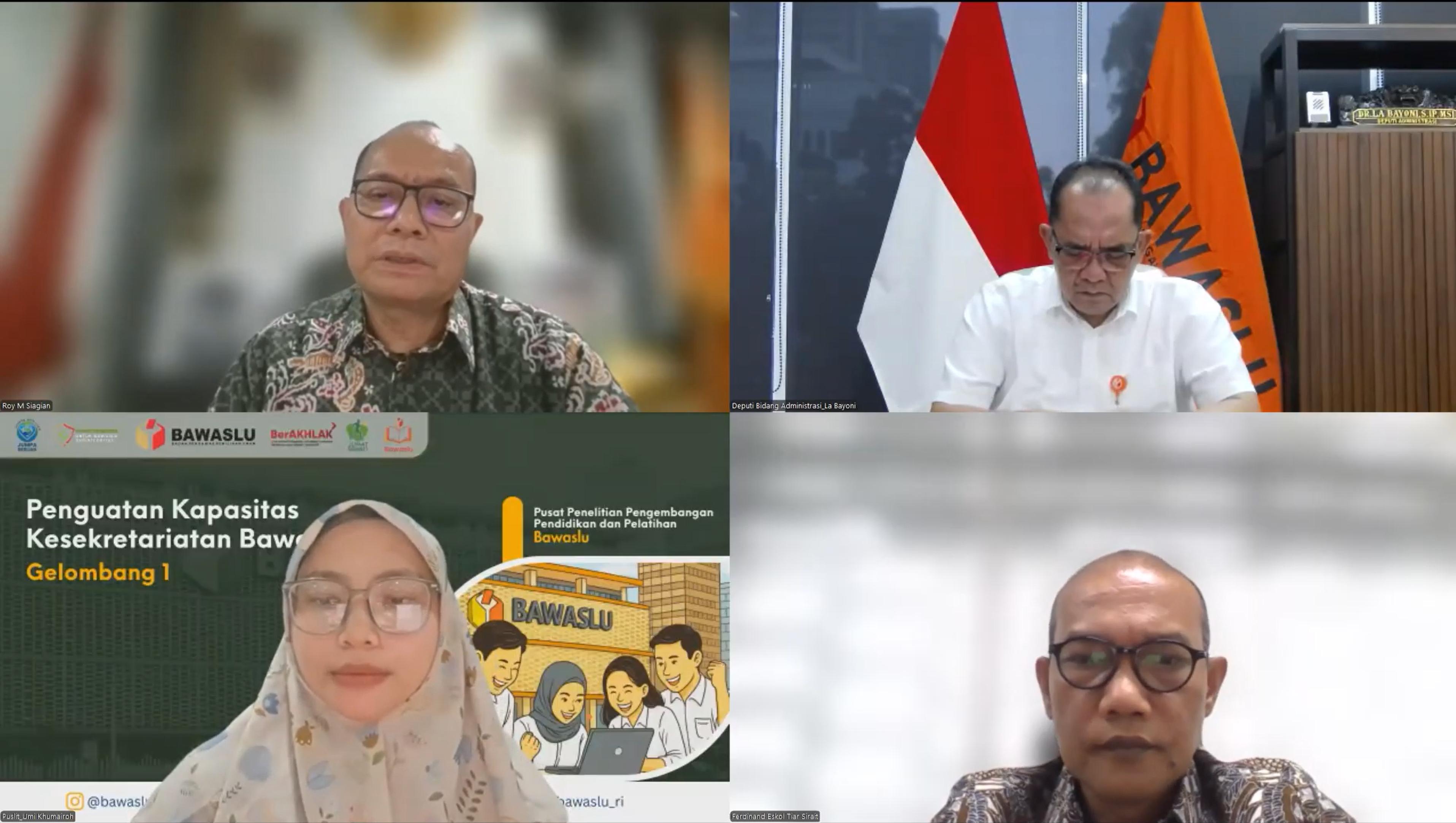 Tangkapan layar kegiatan Penguatan Kapasitas Kesekretariatan Bawaslu Tahun 2026 Gelombang I secara daring, Kamis (18/6/2026).