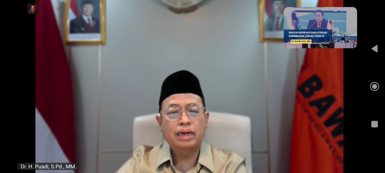 Anggota Bawaslu Puadi saat membuka Dialog Edukasi dan Literasi Kepemiluan (DeLiK) Edisi III yang digelar Bawaslu Provinsi Sulawesi Tenggara secara daring, Selasa (23/6/2026).